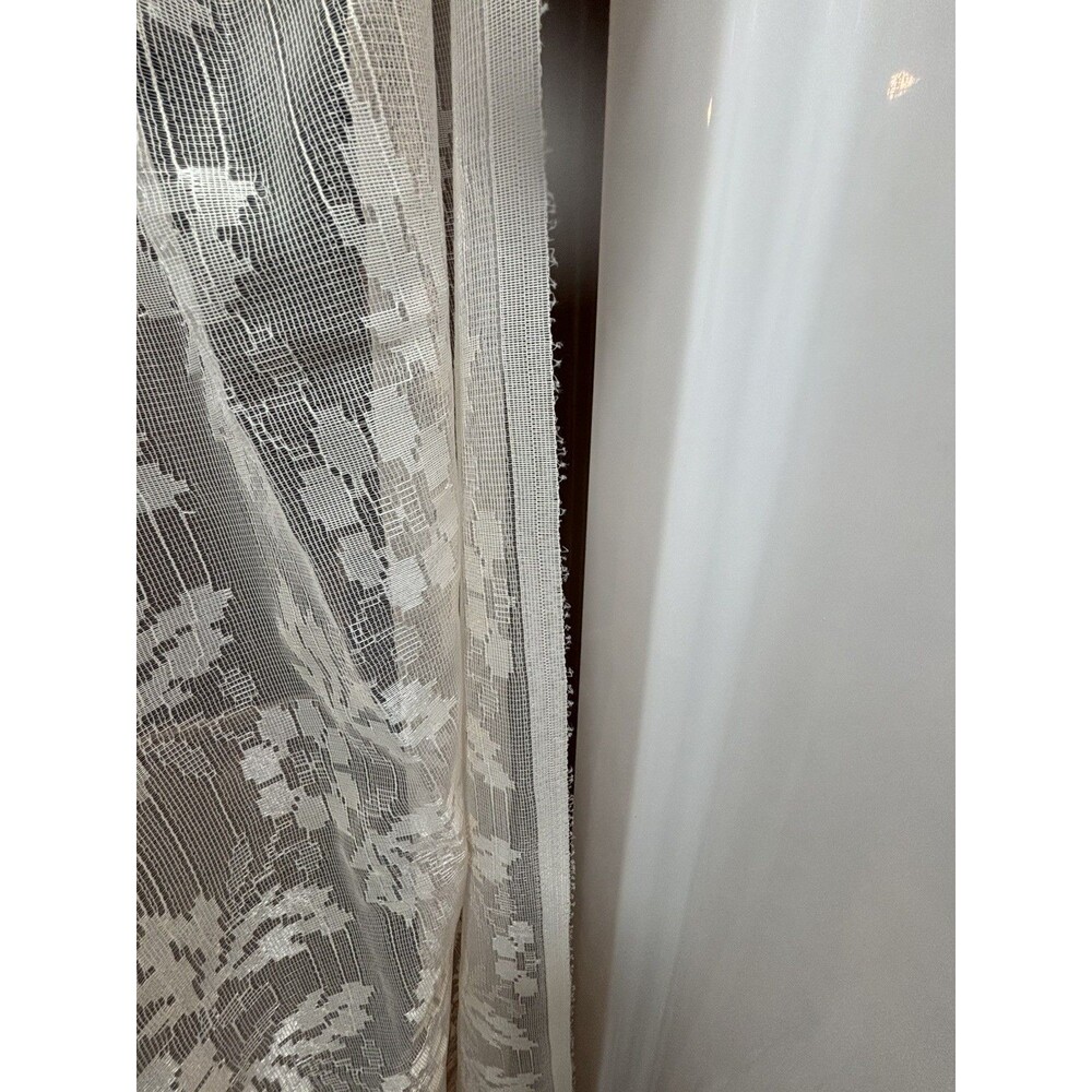 Vtg Ivory Floral Lace Curtain Ruffled Edges Attached Valance 58x84 Cottage Core - Picture 8 of 16